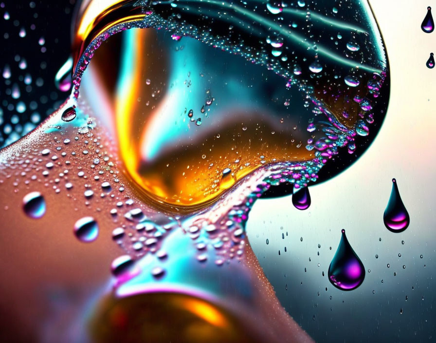 Colorful Water Droplets on Glass Surface with Blurred Background