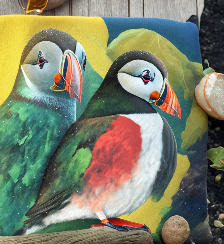 Colorful Printed Cushion with Two Puffins on Wooden Surface