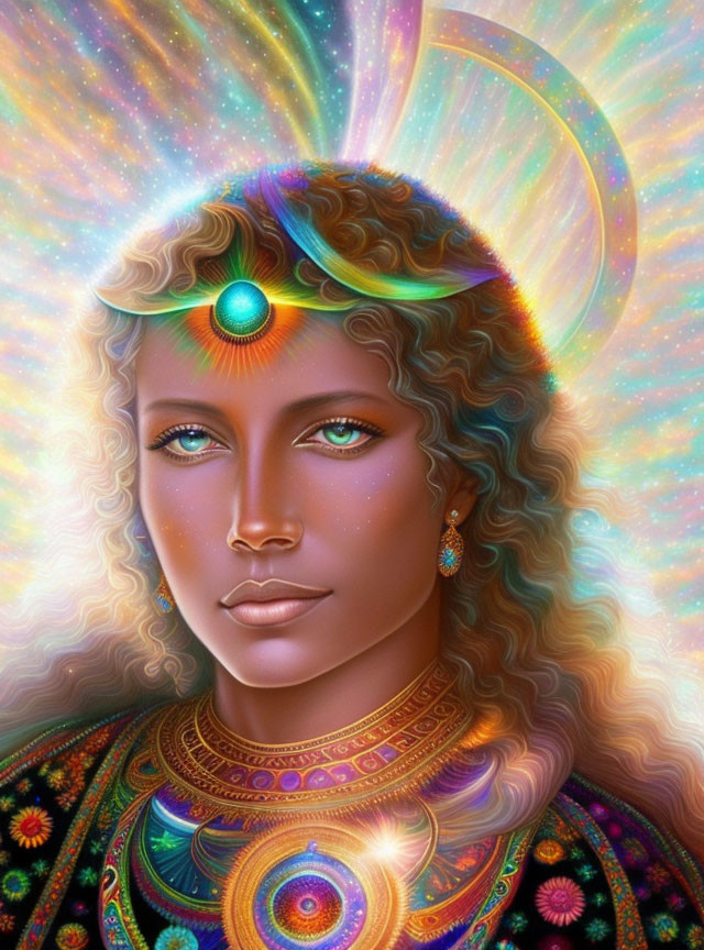 Colorful portrait of a woman with halo and cosmic patterns