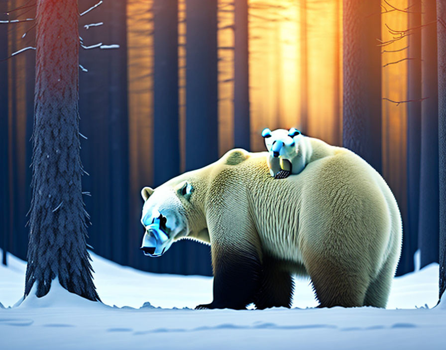 Polar bear and cub in snowy forest with sunlight