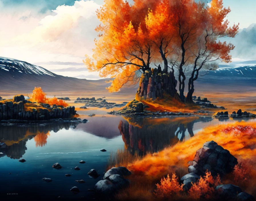 Tranquil autumn landscape with fiery leaves reflected in lake