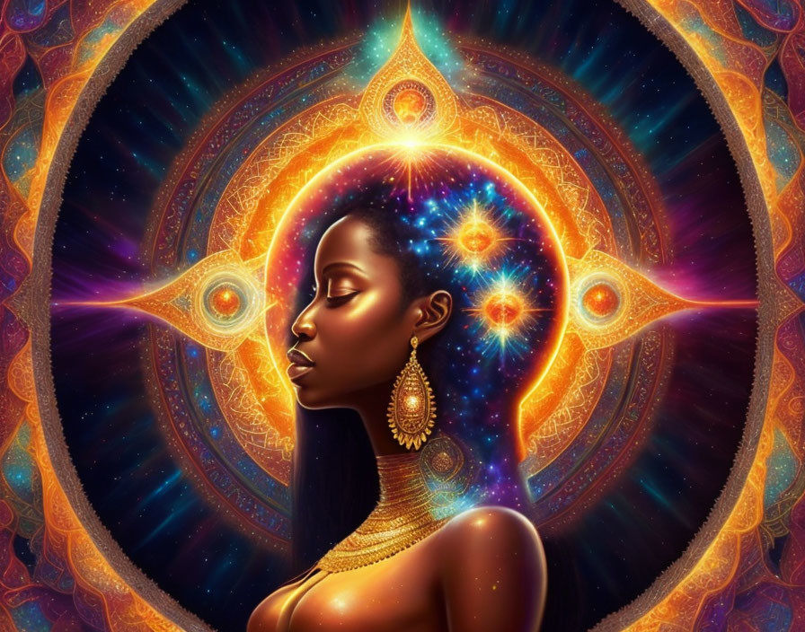 Woman with ethereal glow and golden jewelry in cosmic setting