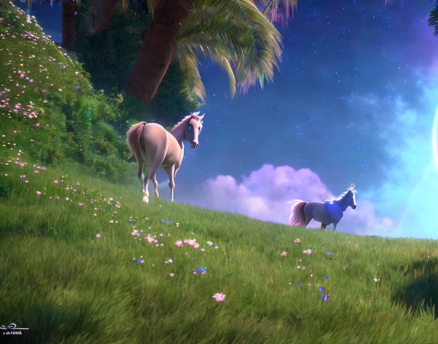 Magical unicorn and horse in starry sky landscape