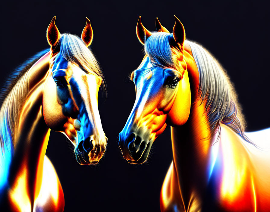 Stylized horses with glowing outlines in fiery colors