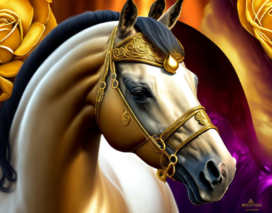 Digital artwork featuring a horse with gold bridle on orange and purple background