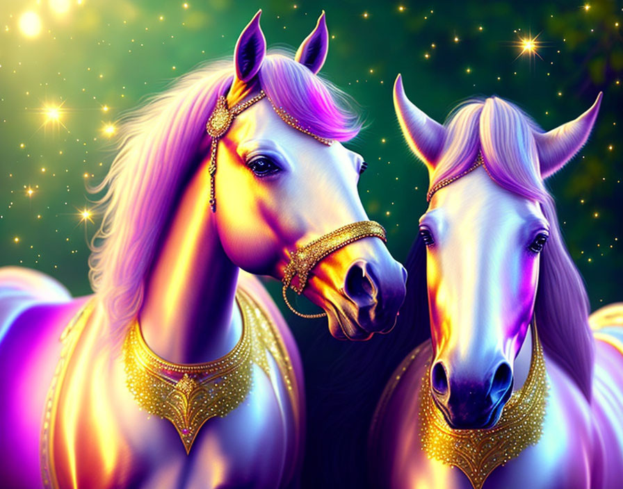 Majestic horses with golden bridles in starry scene