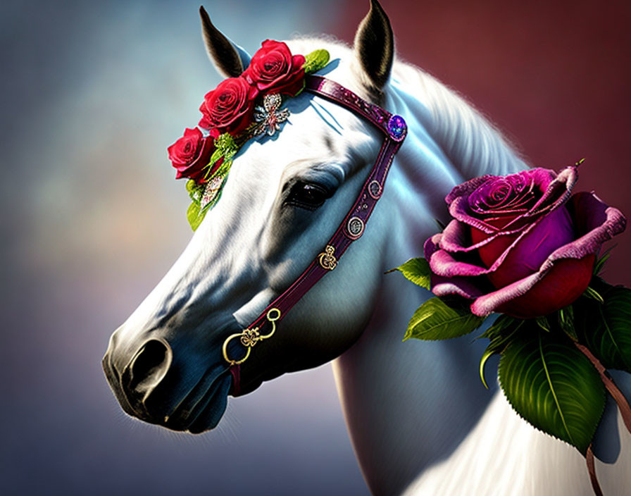White horse with red roses and decorative bridle on blurred background