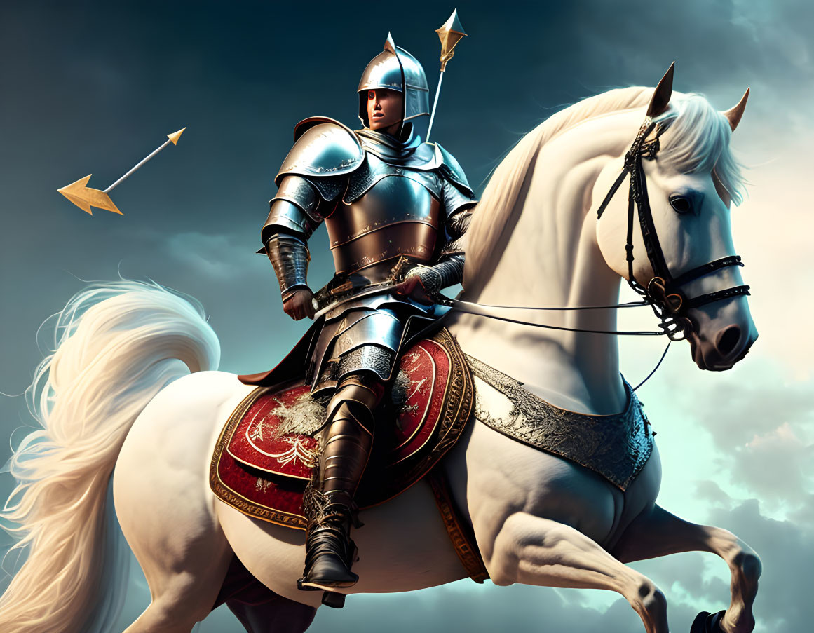 Medieval knight on white horse with lance under dramatic sky