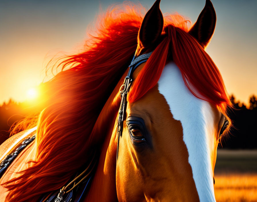 Brown and White Horse with Red Mane at Sunset