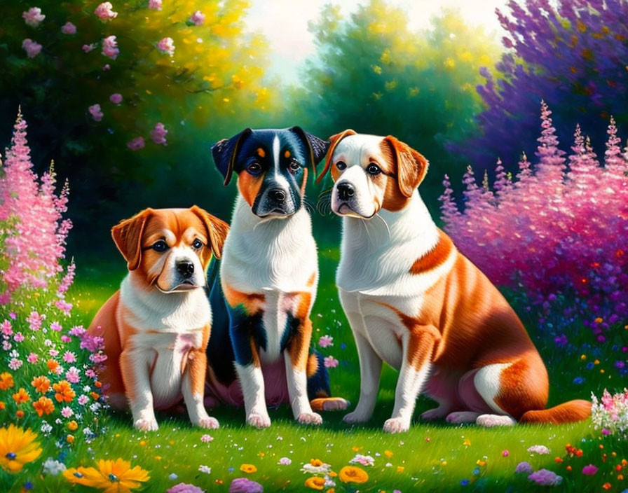 Three dogs in vibrant garden with lush greenery & blooming flowers