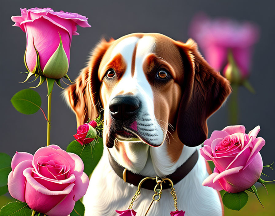 Brown and White Spaniel Surrounded by Pink Roses on Grey Background