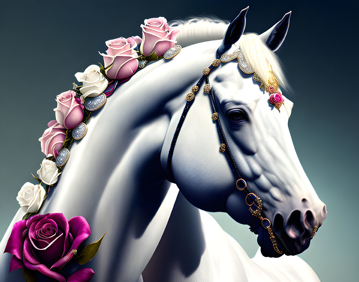 White horse with jeweled headpiece and pink roses on grey background