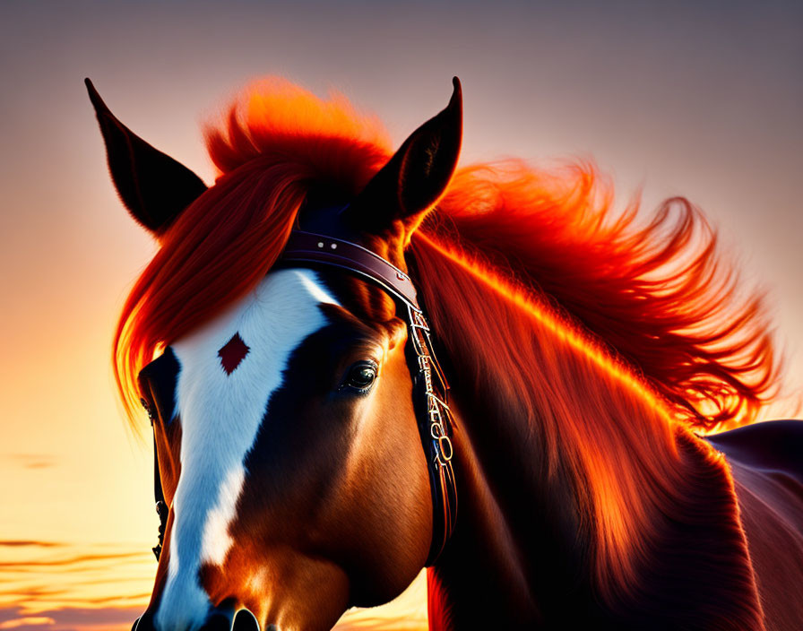 Fiery red-maned horse against sunset backdrop with intricate bridle