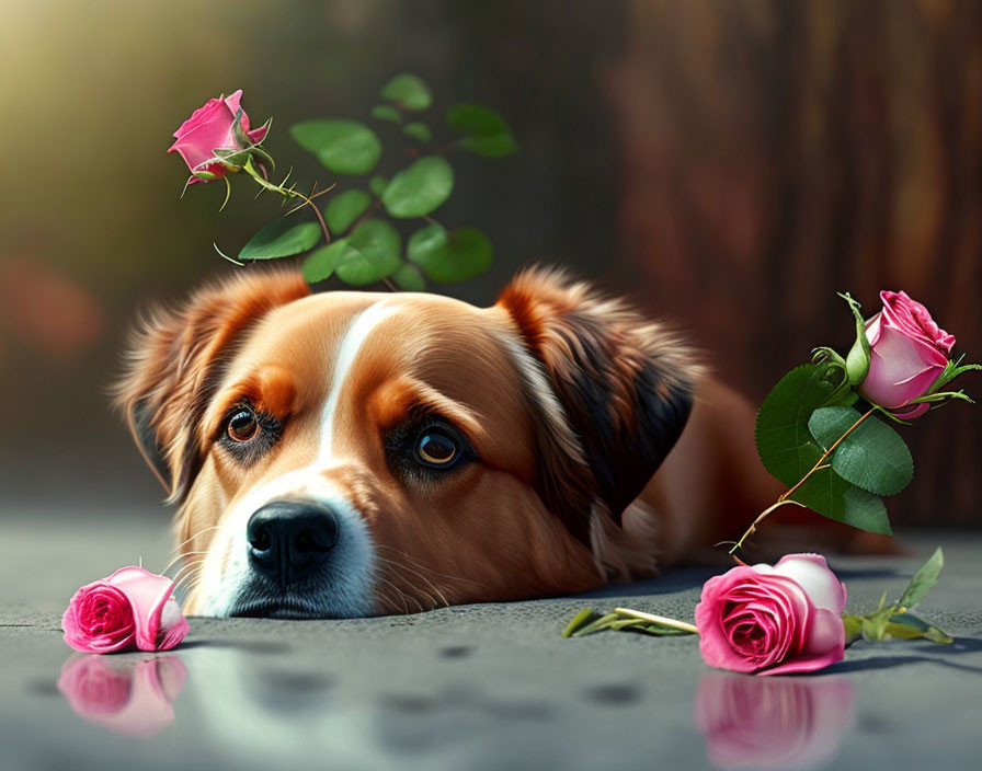 Brown and White Dog Surrounded by Pink Roses in Soft Light