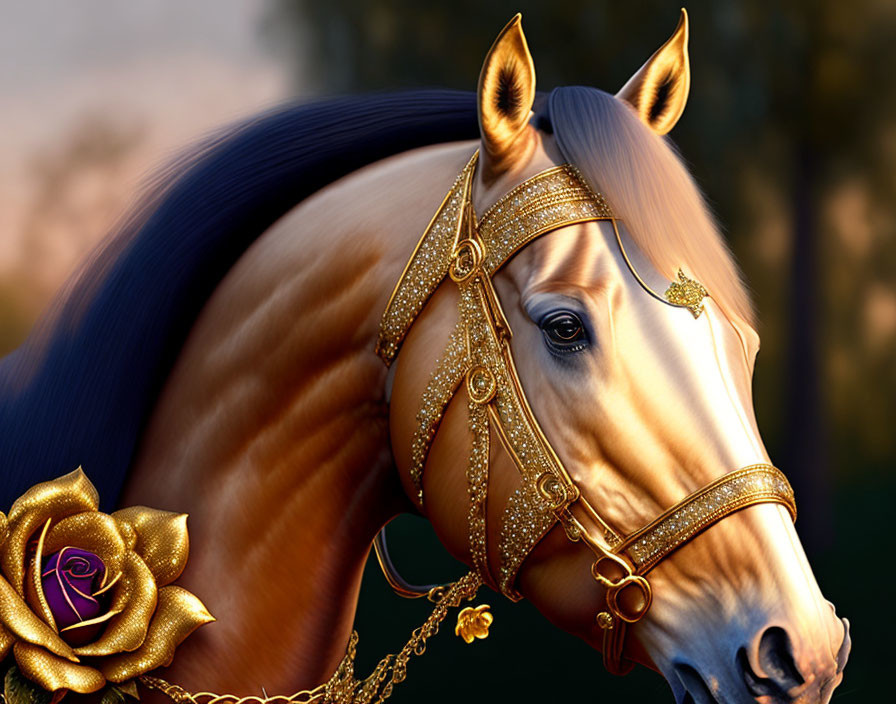 Chestnut horse with golden bridle and rose in golden sunlight