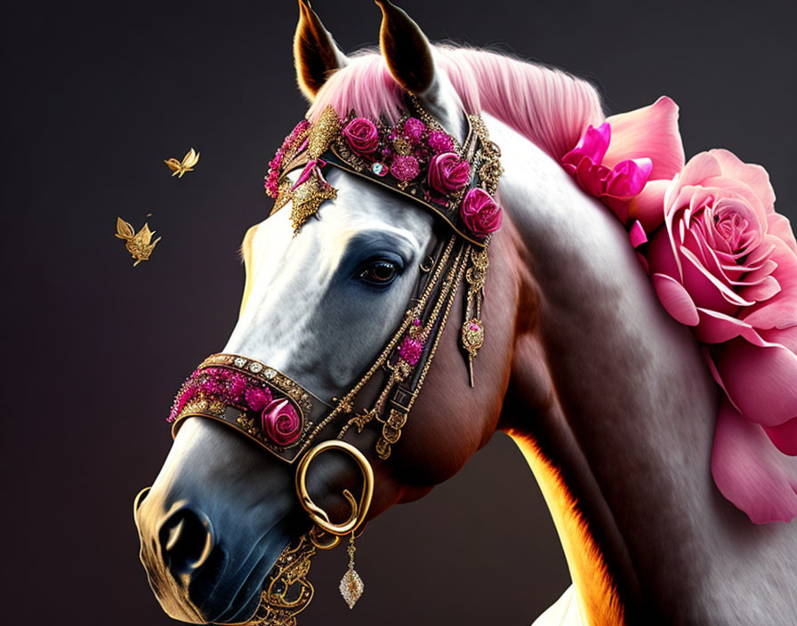 White horse with jeweled bridle and pink roses, accompanied by butterfly on dark background
