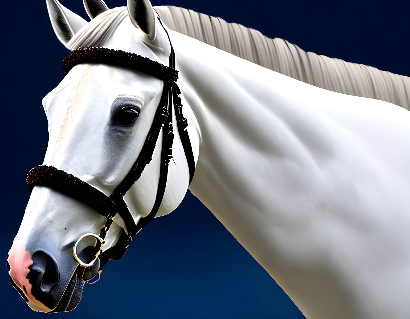 Detailed View of White Horse with Black Bridle on Blue Background