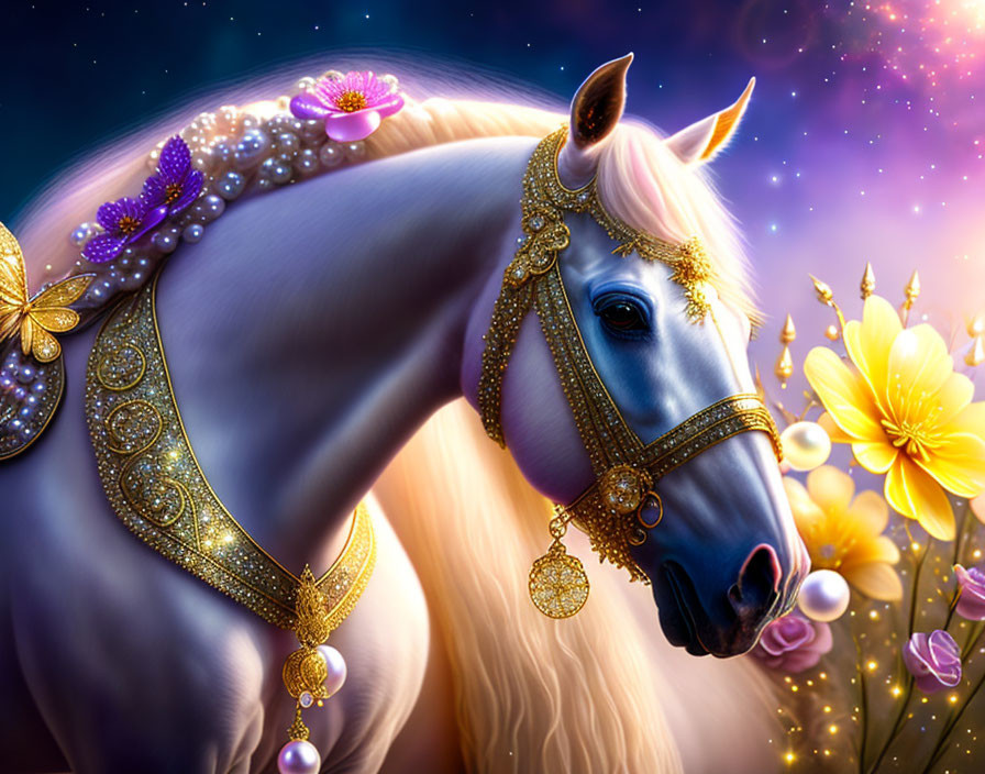 White horse with gold jewelry and flowers in mystical starry scene