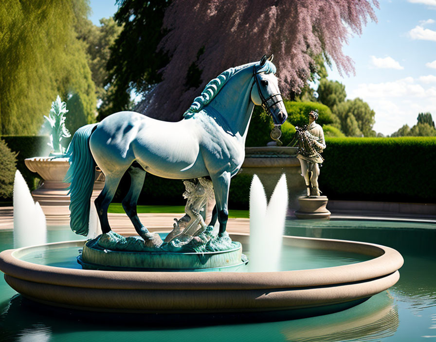 Blue Horse Statue in Fountain with Water Jets and Greenery Scene
