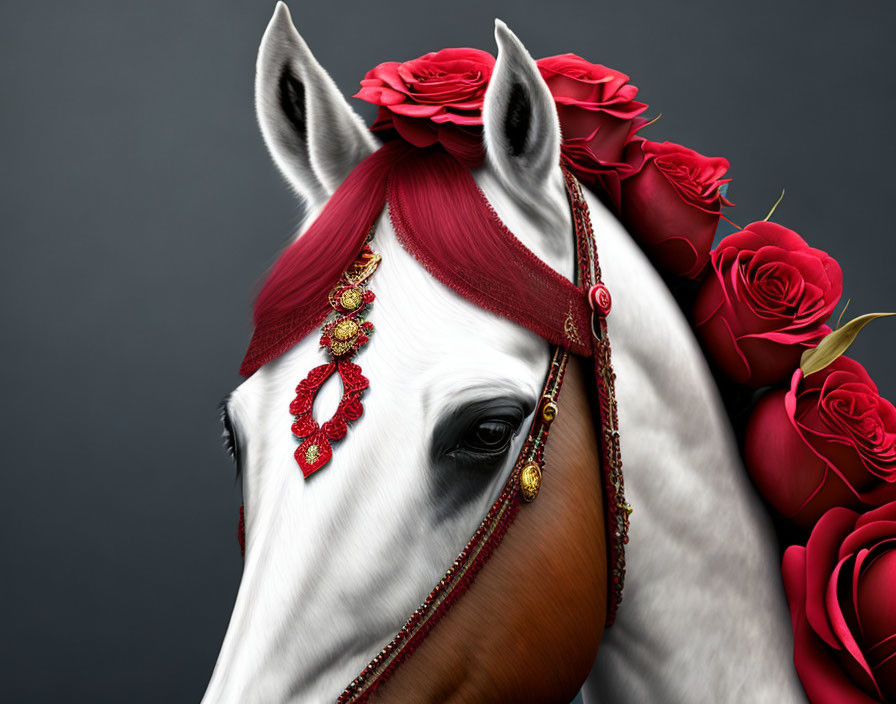 Ló  vörös rózsa sörénnyel 
