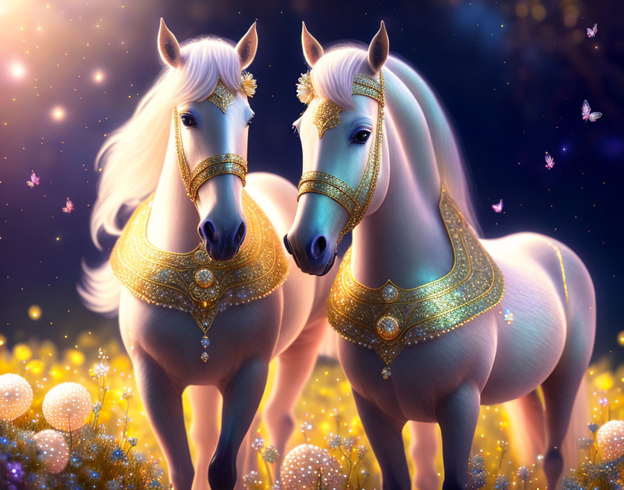 Majestic white horses with golden adornments in a twilight field