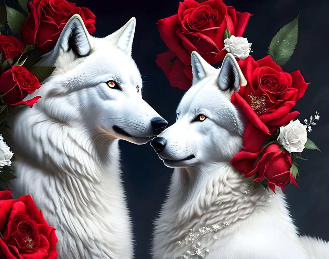 Szerelmes hófehér farkaspár vörösrózsákkal :) 