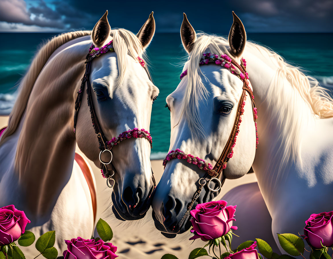 Szerelmes lovak a tengerparton, rózsákkal .