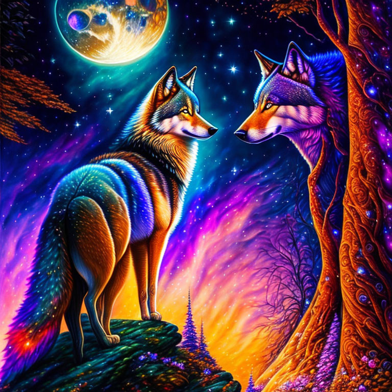 Vibrantly colored wolves under starry sky in glowing forest