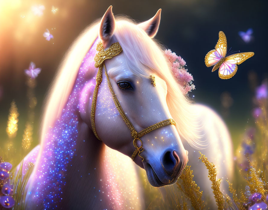 Fantasy white horse with golden bridle in magical field