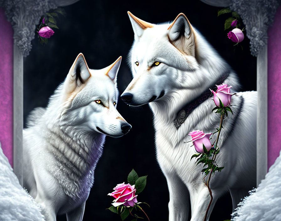 Two white wolves in front of dark flower-framed portal, one with rose.