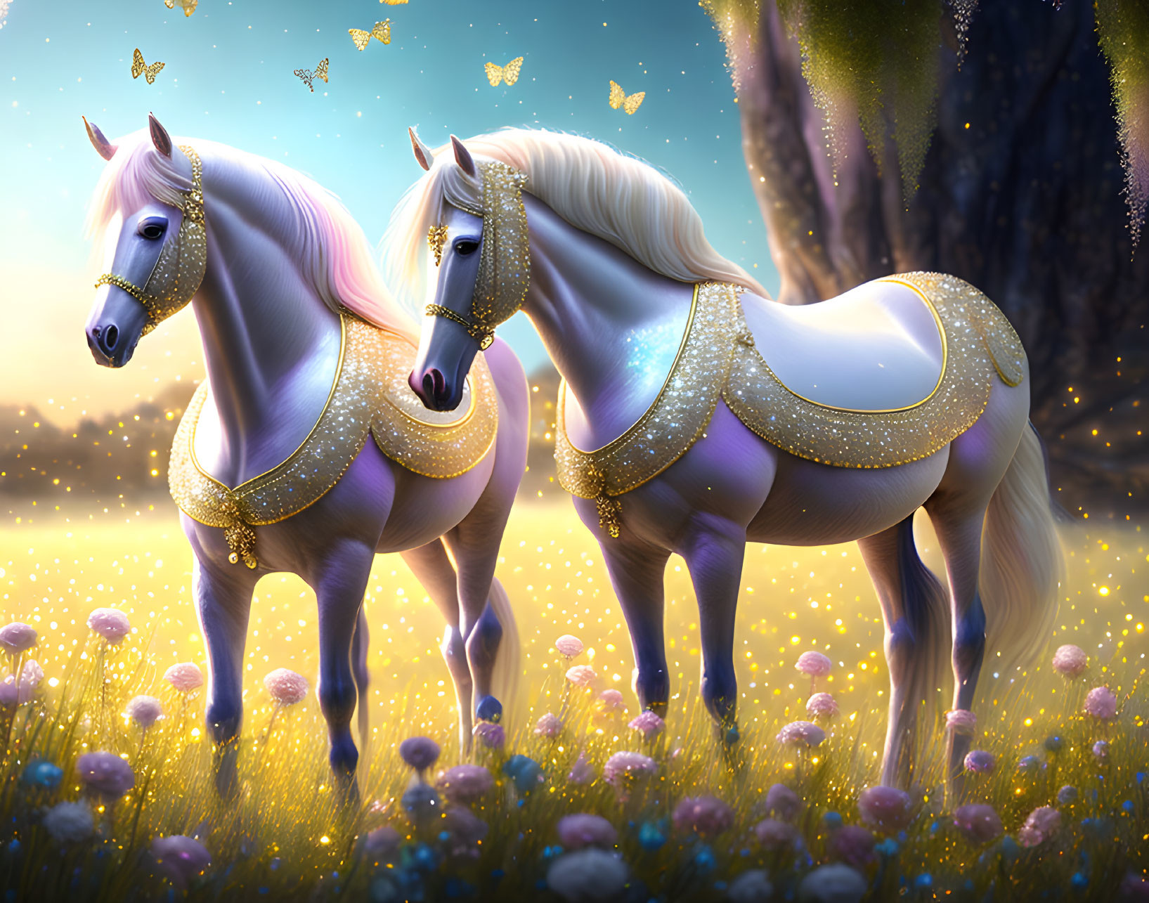 Mythical white horses with golden manes in enchanting meadow
