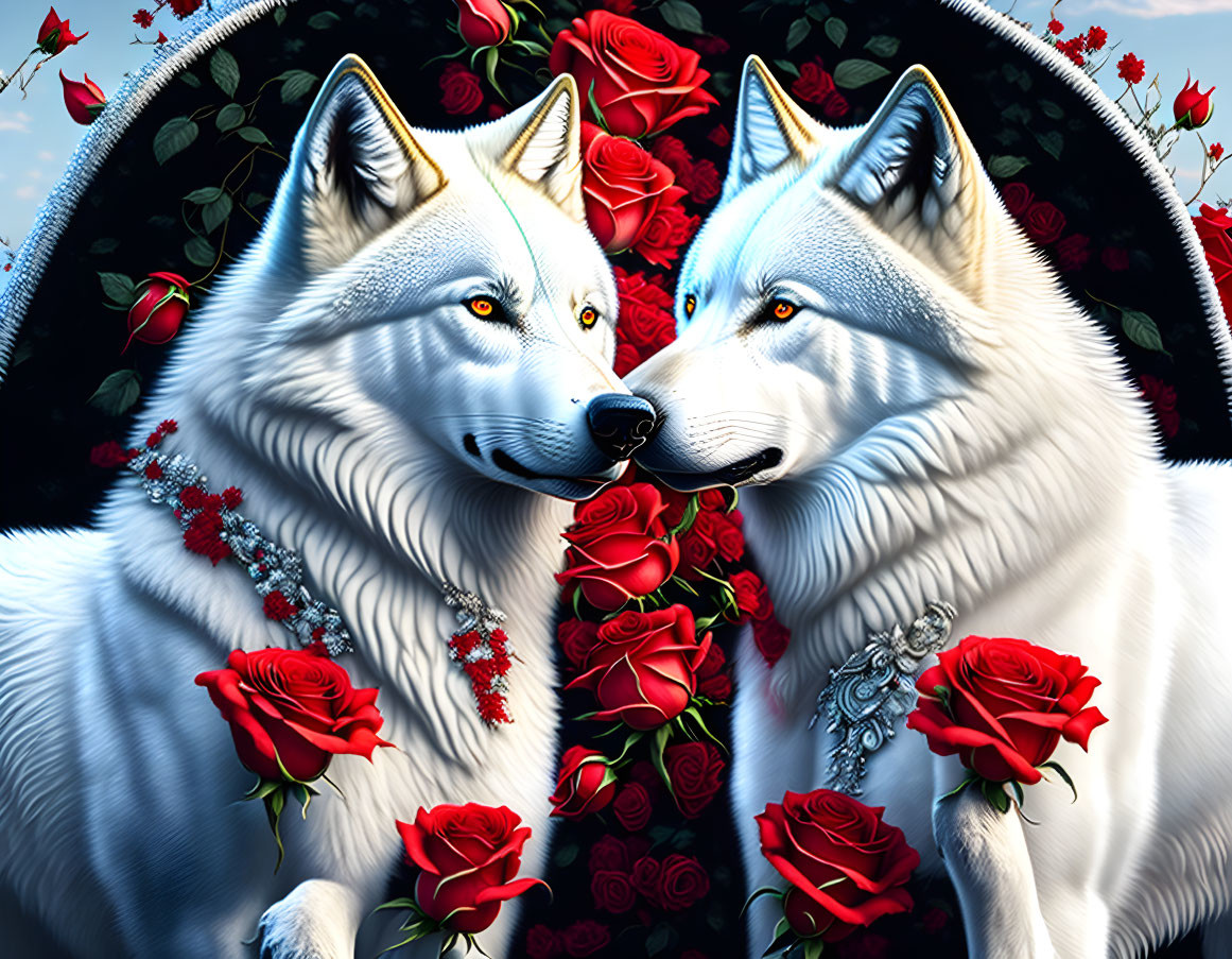 Hófehér szerelmes farkaspár vörösrózsákkal