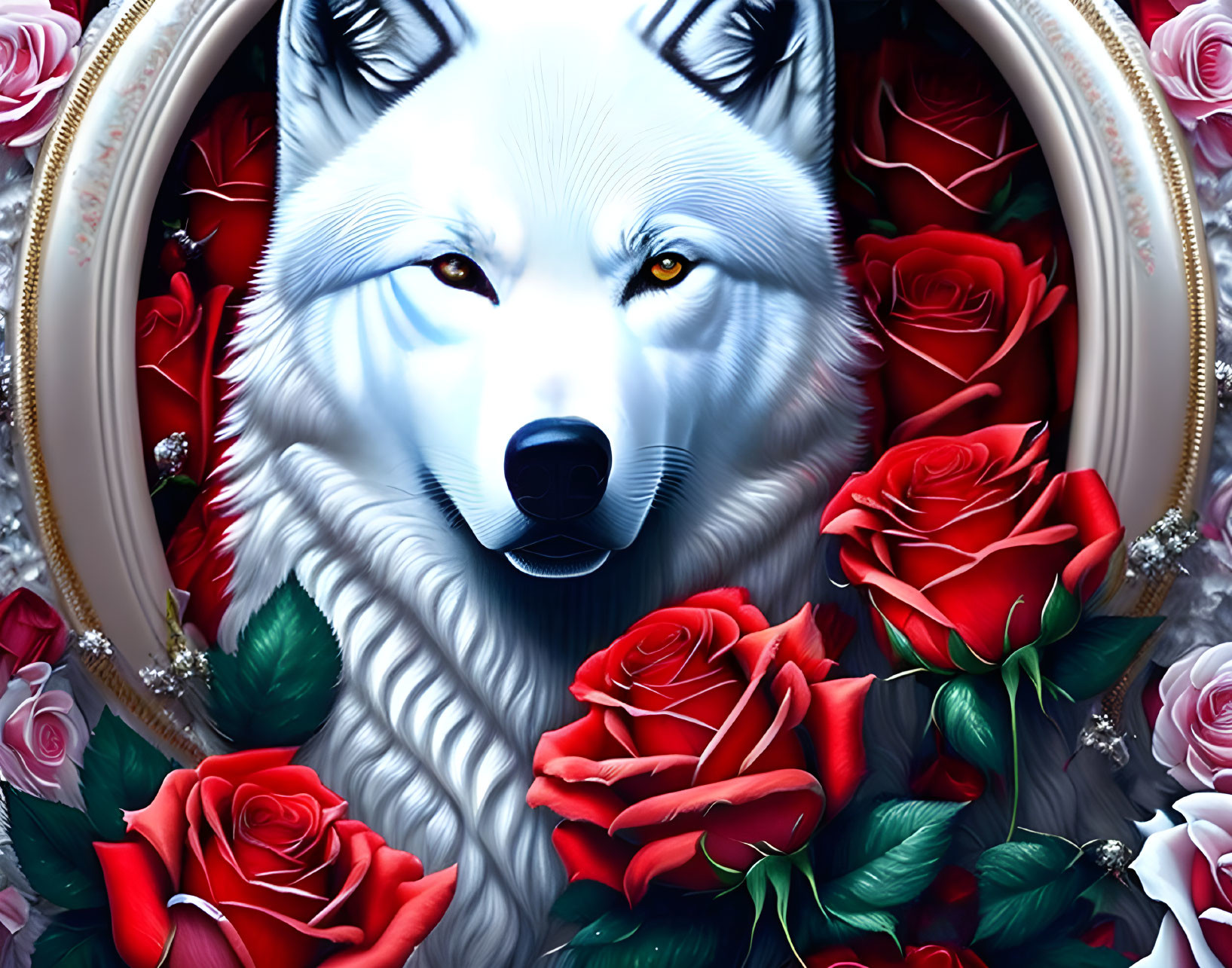 Fehér farkas vörös rózsákkal