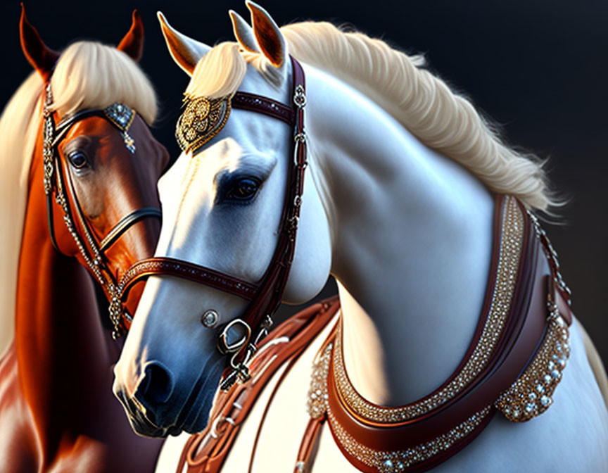 Majestic white and chestnut horses with ornate bridles on dark background