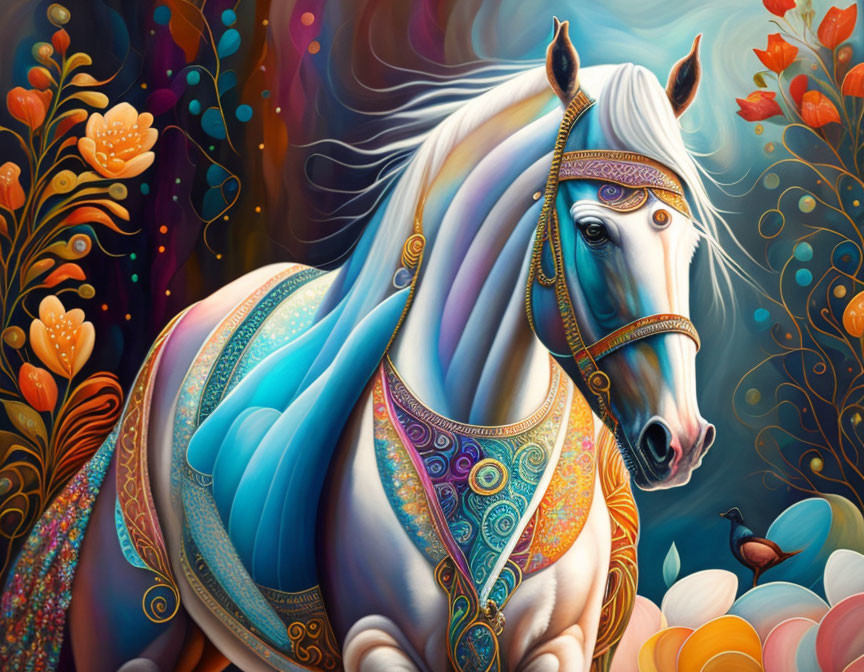 Colorful illustration of majestic white horse with ornate patterns on whimsical floral backdrop
