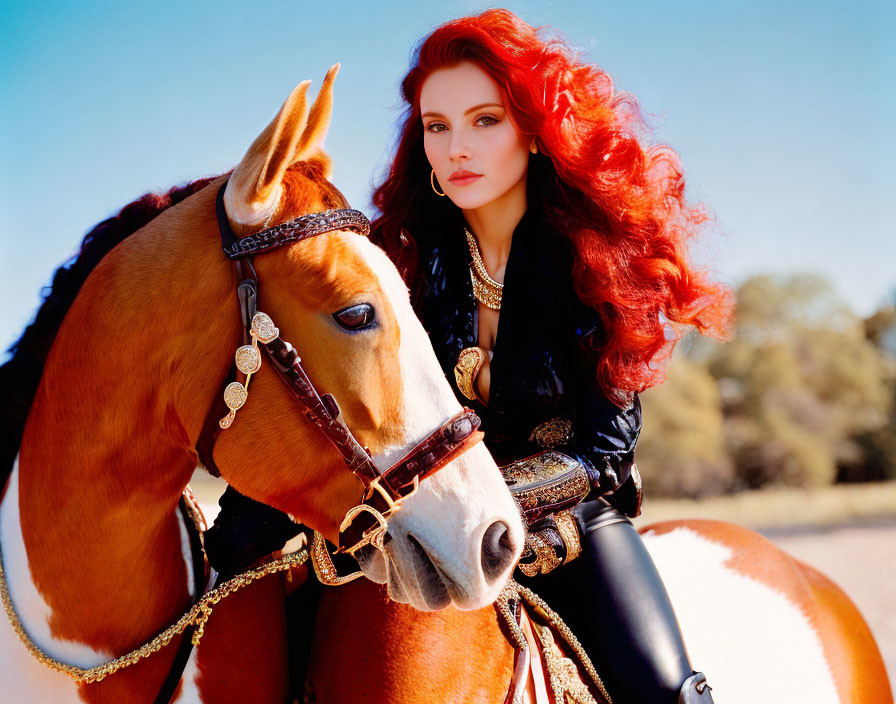 Woman with Long Red Hair Poses with Horse in Elaborate Attire