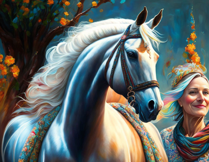 White horse and woman with gray hair in vibrant accessories by flowering trees