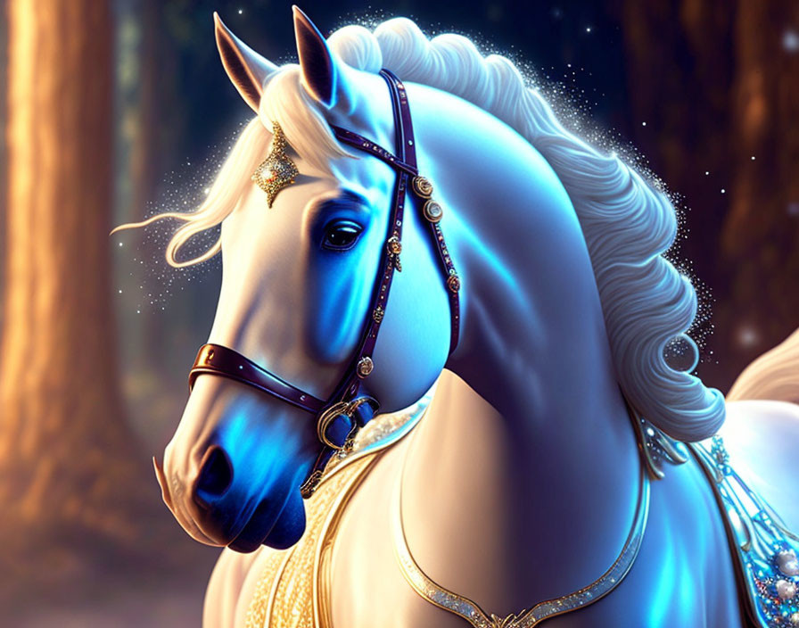 White horse with blue and gold jewelry on warm background