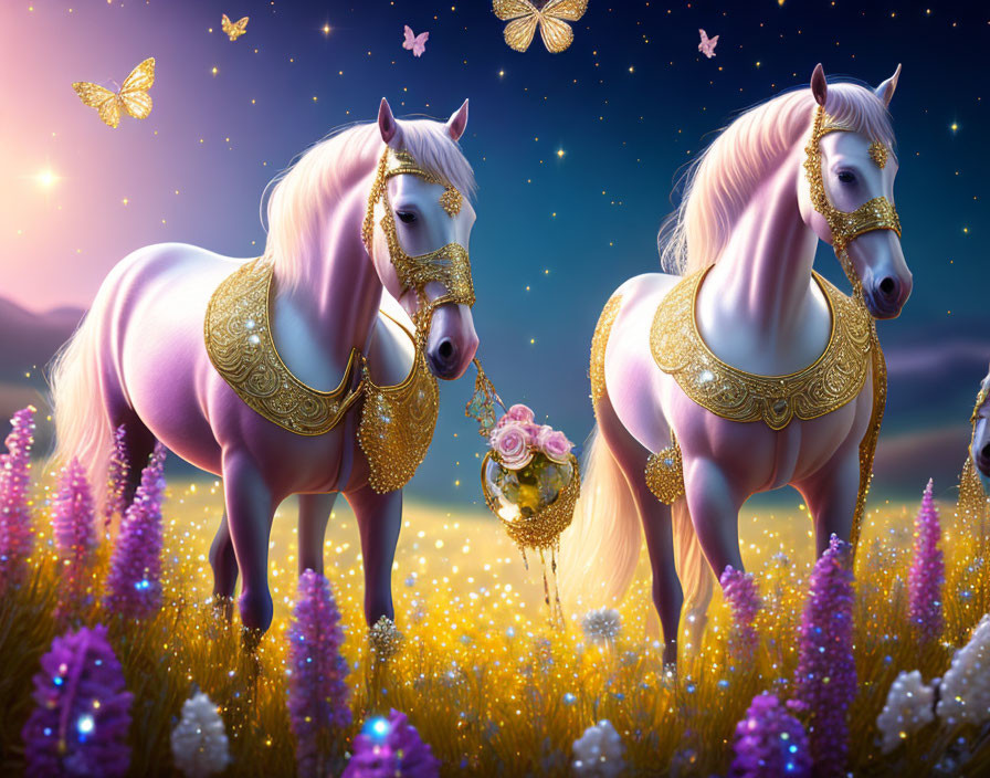 Majestic white unicorns in colorful flower field at night