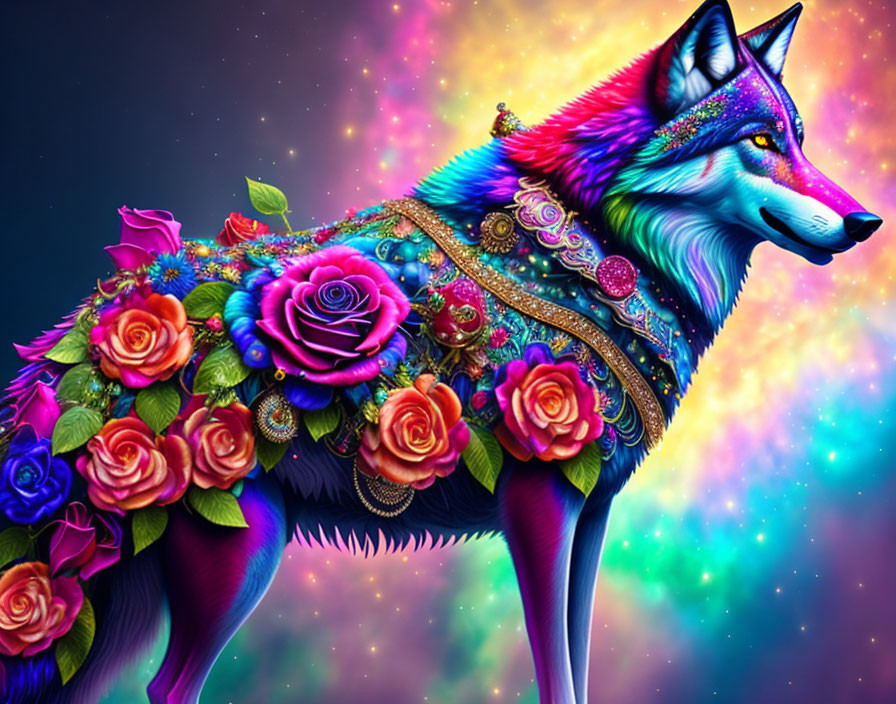 Rózsákkal díszített farkas