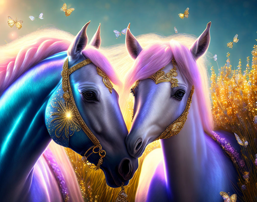 Vibrant mystical horses with colorful manes in magical setting