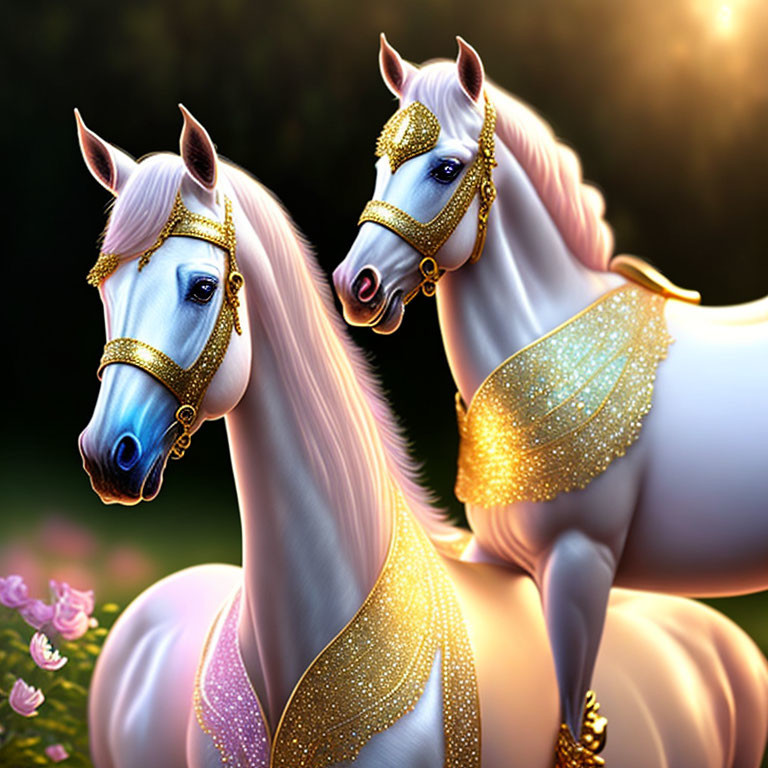 Majestic white horses with golden embellishments in natural setting