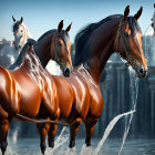 Majestic brown horses running in water under blue sky