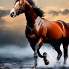Chestnut horse galloping through water under dramatic sky
