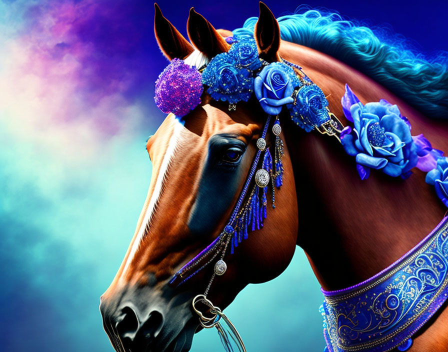 Ló kék rózsákkal