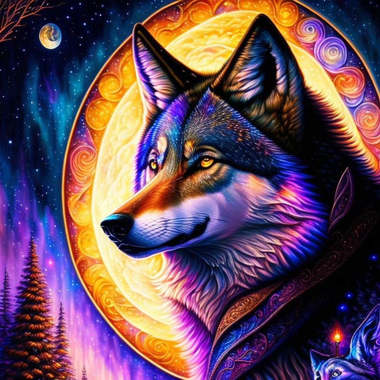 Colorful Cosmic Wolf Artwork with Moon, Stars, and Trees