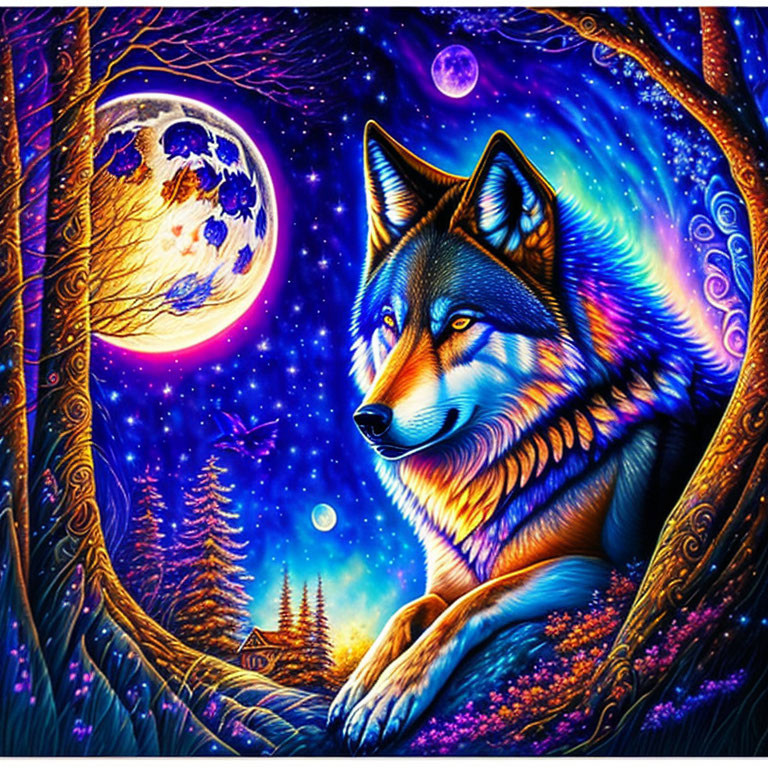 Colorful Wolf Illustration in Mystical Forest with Moonlit Sky