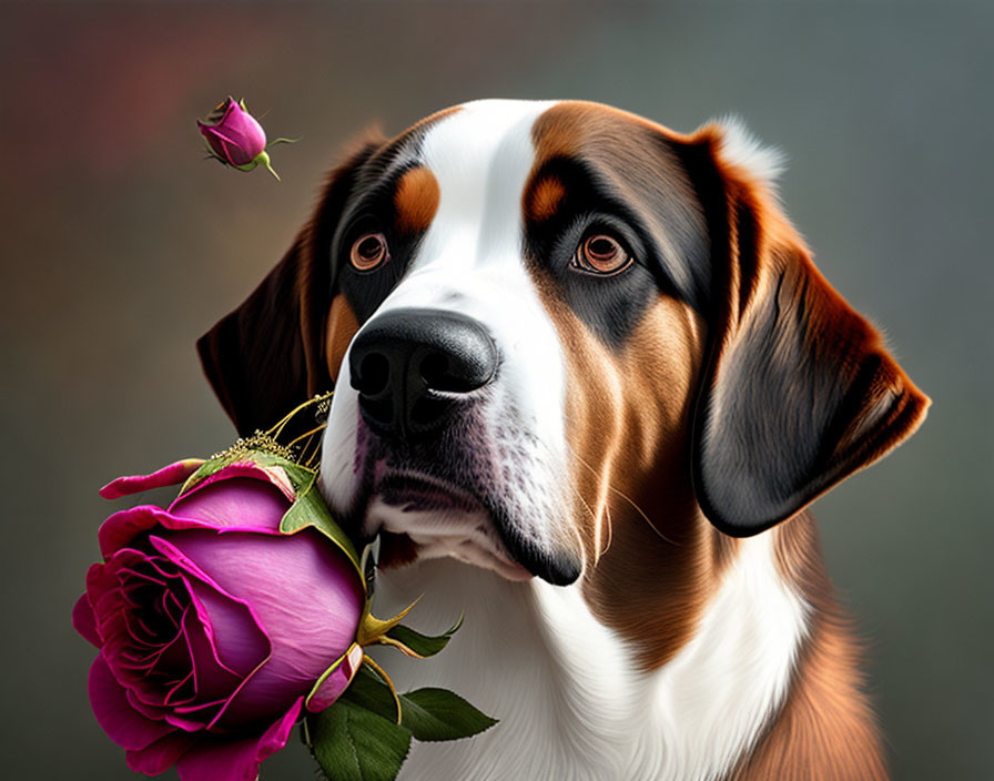 Brown and White Dog Holding Pink Rose in Mouth