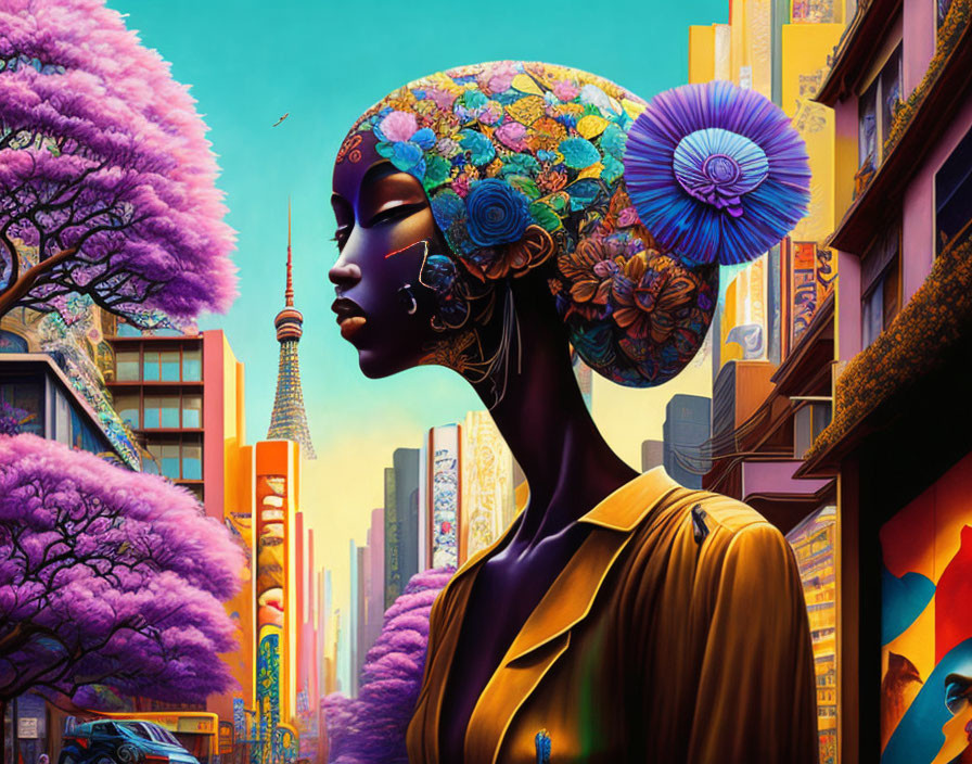 Colorful digital artwork of an African woman with headpiece in urban setting