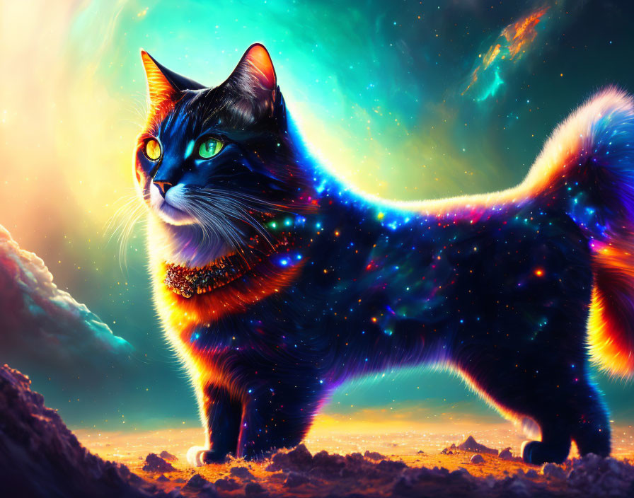 Majestic cosmic cat with nebula fur and golden eyes on alien landscape